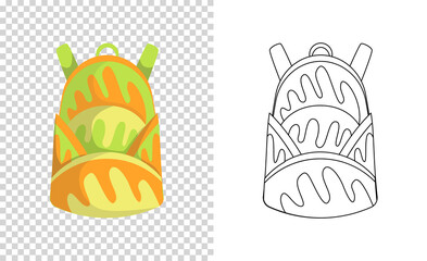 Colorful backpack of pupil. Kids school bag. Extravagant student satchel. Education and study, school backpack icon. Sketch and color style  illustration
