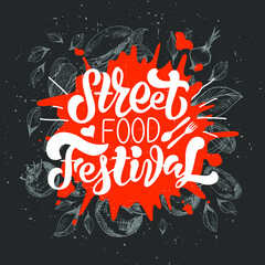 Street food festival poster in sketch style. Vector illustration