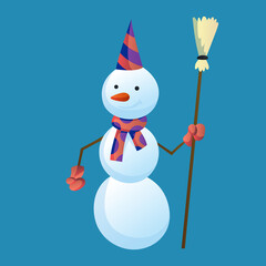 Snowman holds a broom in his hand with top hat and scarf isolated on white background. Winter theme.  character illustration