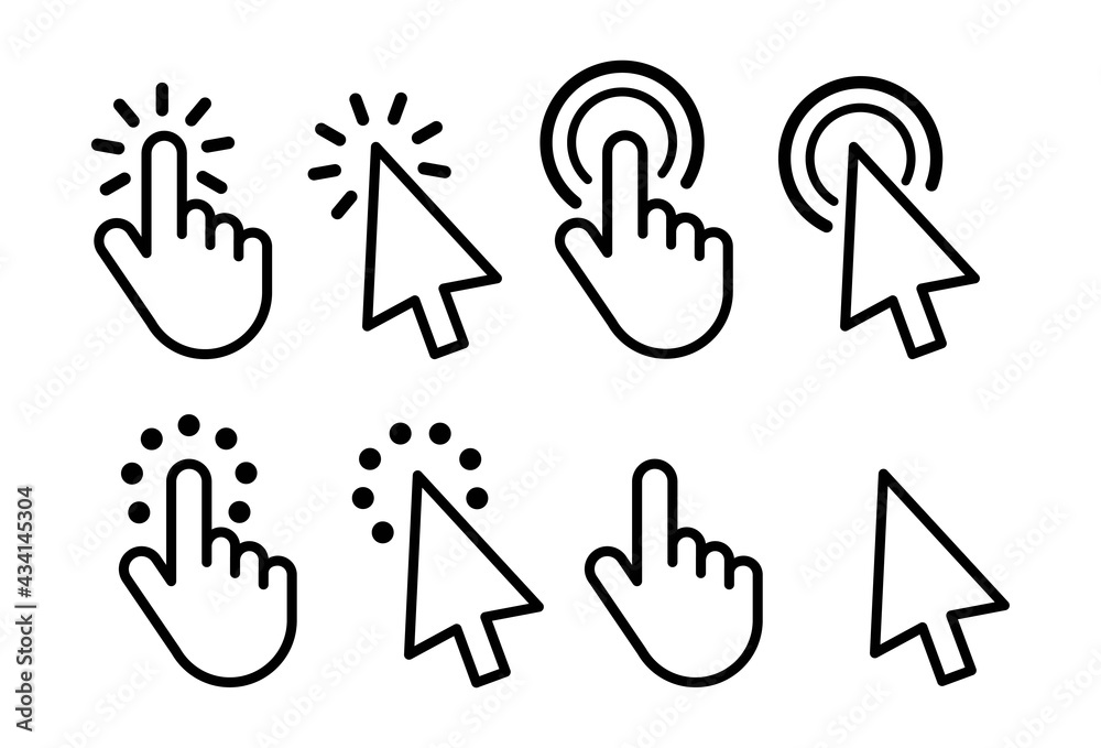 Poster pointer cursor сomputer mouse icon. clicking cursor, pointing hand clicks icons. set of hand cursor 
