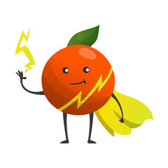 Cartoon superhero orange. Fruit in cape with hands up. Cute childish cartoon character. Funny cartoon fruit in superhero costume. Logo concept of healthy diet.  illustration