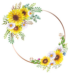 Floral Frames with Wildflowers and Leaves. Watercolor sunflower frame. White background. Watercolor floral. Botanical Drawing. Watercolor Wildflowers Frame. Geometric Floral Frame