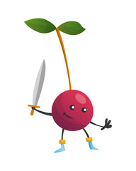 Cartoon superhero chery. Fruit with sword. Cute childish cartoon character. Funny cartoon fruit in superhero costume. Logo concept of healthy diet.  illustration