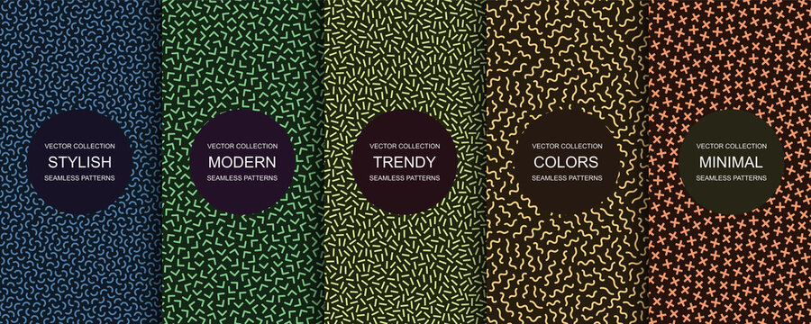 Collection of trendy seamless bright vector patterns - creative retro design. Colorful vibrant backgrounds - fashion style 80-90s