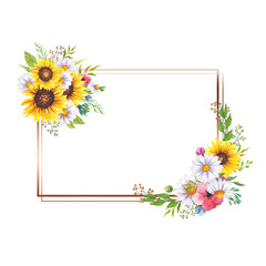 Floral Frames with Wildflowers and Leaves. Watercolor sunflower frame. White background. Watercolor floral. Botanical Drawing. Watercolor Wildflowers Frame. Geometric Floral Frame