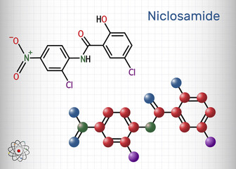 Niclosamide molecule. It is chlorinated salicylanilide, antihelminthic drug for the treatment of tapeworm infections. Structural chemical formula and molecule model. Sheet of paper in a cage