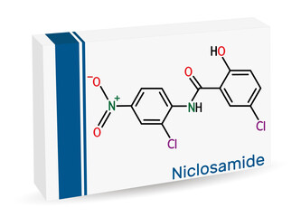 Niclosamide molecule. It is chlorinated salicylanilide, antihelminthic drug for the treatment of tapeworm infections. Skeletal chemical formula. Paper packaging for drugs