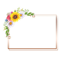 Obraz premium Floral Frames with Wildflowers and Leaves. Watercolor sunflower frame. White background. Watercolor floral. Botanical Drawing. Watercolor Wildflowers Frame. Geometric Floral Frame