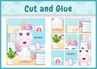 Children board game cut and glue with a cute unicorn using costume nurses