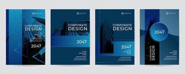Dark modern blue borporate business presentation guide brochure template, Annual report, 16 page minimalist flat geometric business brochure design template, A4 size.