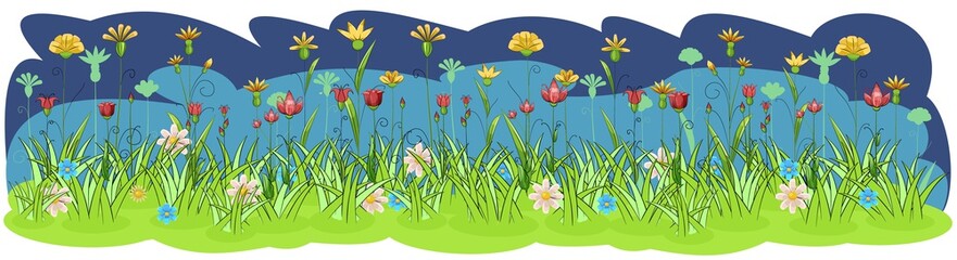 Fototapeta na wymiar Blooming meadow with grass, flowers. Green night landscape. Cartoon style. Fabulous vector illustration. Background image isolated on white. Beautiful natural view. Wild plants. Rural scene. Summer
