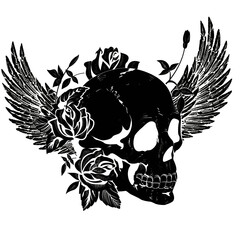 Obraz premium Vector design for t-shirt of a black skull with wings and roses isolated on white 