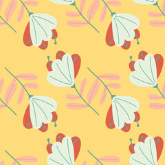 Vintage hand drawn seamless pattern with simple flowers ornament. Yellow background. Scrapbook backdrop.