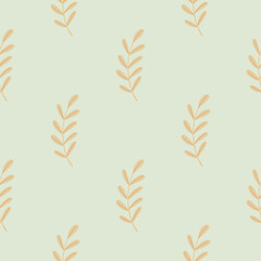 Pastel orange simple style branhes with leaves seamless pattern. Light blue background. Minimalistic print.