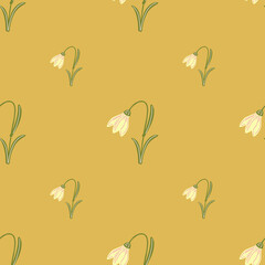 Simple harebell minimalistic flowers seamless pattern. Orange background. Bloom floral backdrop.