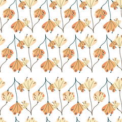 Naklejka na ściany i meble Isolated seamless pattern with orange flowers doodle print. White background. Bloom vintage elements.