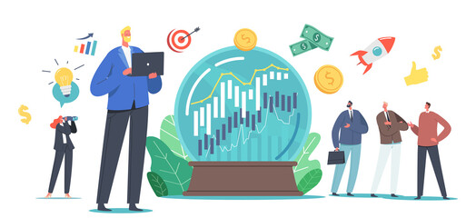 Business Prediction, Forecast of Market Trends, Tiny Business Characters at Huge Crystal Globe Trying to Predict Stock