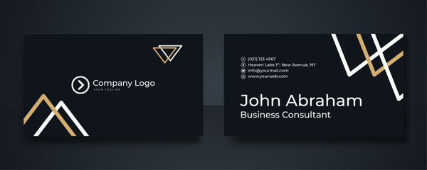 Luxury black Business card design template with gold Art Deco geometric lines (VIP Gift Card). Dark background with modern triangle lines. Blue gold modern business card design