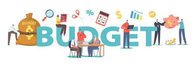 Budget Concept. Tiny Businessman Character Tight Huge Money Sack with Belt. Poor People with Empty Piggy Bank, Crisis