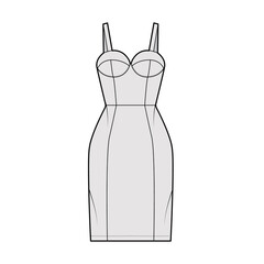 Zip-up tube dress technical fashion illustration with bustier, sleeveless, shoulder straps, fitted body, knee length skirt. Flat garment apparel front, grey color style. Women, men unisex CAD mockup