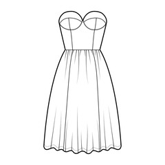 Flared dress technical fashion illustration with bustier, sleeveless, strapless, fitted body, knee length ruffle skirt. Flat apparel front, white color style. Women, men unisex CAD mockup