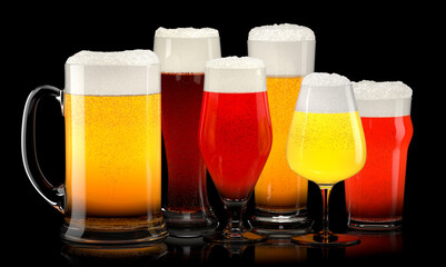 Set of fresh different beer glasses with bubble froth on black background.
