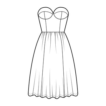 Flared dress technical fashion illustration with bustier, sleeveless, strapless, fitted body, knee length ruffle skirt. Flat apparel front, white color style. Women, men unisex CAD mockup