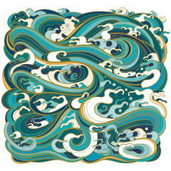 Traditional oriental sea waves in the form of a square. - 434147119