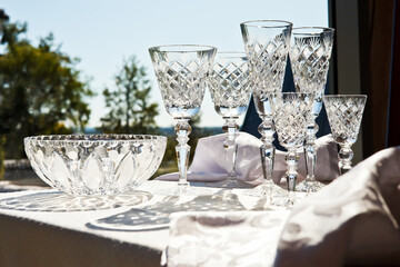 clear luxury crystal glasses in sunlight