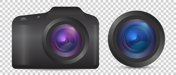 Vector photo camera with lens. Realistic colorful analog photo camera isolated on transparent background. 3d photorealistic icon design front view with lens flare symbol. Vector illustration EPS10 - obrazy, fototapety, plakaty