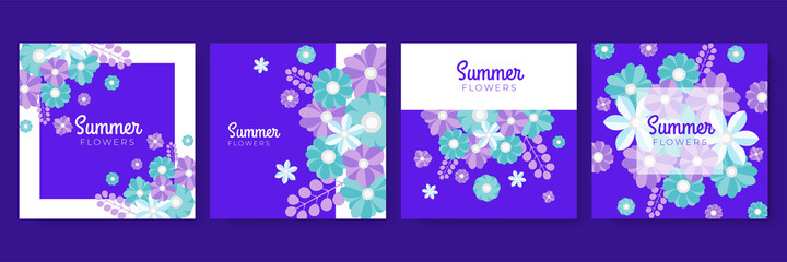 Blue purple white summer paper cut flower floral template background. Blue summer sale banner template. Liquid abstract geometric green bubble with tropic flowers