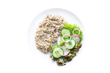 green buckwheat salad vegetables lettuce mix meal snack copy space food background rustic. top view diet vegan or vegetarian food
