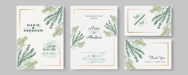 Watercolor Wedding Invitation template card With Beautiful Foliage. Wedding invitation suite with wild nature landscape watercolor. Mothers day beautiful floral cards. Watercolor flowers frame vector 