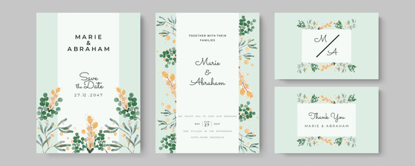 Fototapeta na wymiar Watercolor Wedding Invitation template card With Beautiful Foliage. Wedding invitation suite with wild nature landscape watercolor. Mothers day beautiful floral cards. Watercolor flowers frame vector 