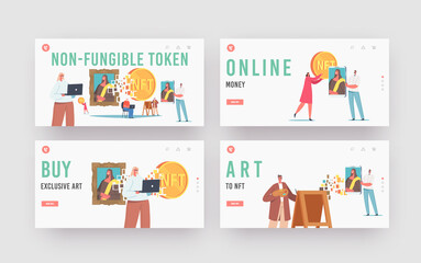 Non Fungible Token Landing Page Template Set. Characters Use Cryptocurrency, Digital Transaction for Buying Masterpieces