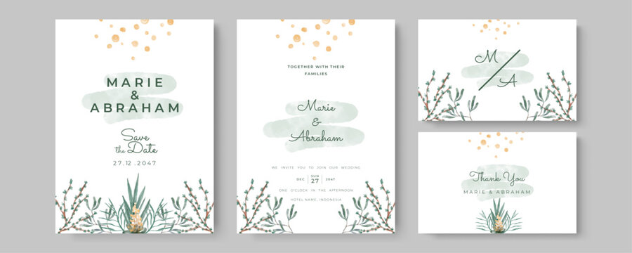 Watercolor Wedding Invitation template card With Beautiful Foliage. Wedding invitation suite with wild nature landscape watercolor. Mothers day beautiful floral cards. Watercolor flowers frame vector 
