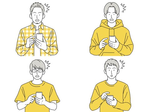 人物イラスト 男性 セット 正面 スマホ 見る 驚く