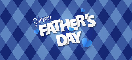 Fathers Day greeting card, banner, poster or flyer design with origami hearts and text Happy Father's Day in paper cut style on blue background with argyle pattern.