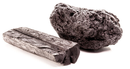 piece of mineral coal and charcoal together, industrial fuel, with isolated white background.