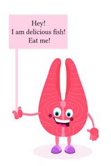 Cartoon fish. Salmon steak with eyes, arms and legs. A living character.