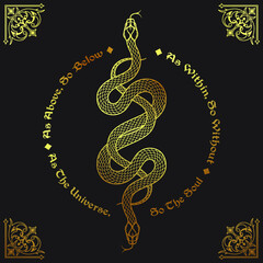 Two gold serpents intertwined. Inscription is a maxim in hermeticism and sacred geometry. As above, so below. Tattoo, poster or print design vector illustration - obrazy, fototapety, plakaty