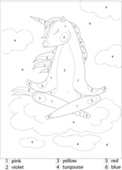 Unicorn color by number coloring page,
