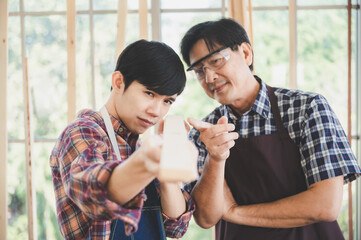 professional carpenters woodworking teamwork together creatively, creative carpenter working workshop for wooden craftman with wood, carpentry industry worker team partner joiner with wood job