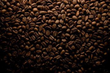 top view on mixture of many brown roasted coffee beans. Coffee background