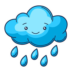 Illustration of cute kawaii cloud with rain. Funny seasonal child illustration.