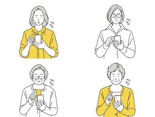 人物 イラスト 女性 セット 正面 スマホ 見る シニア 困る