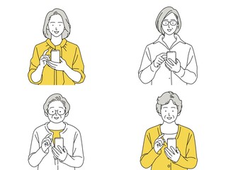 人物 イラスト 女性 セット 正面 スマホ 見る シニア 笑顔