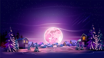 Night beautiful landscape with winter city, trees, mountain and Moon. Shine with purple moon, snow and violet sky. Landscape background for your arts