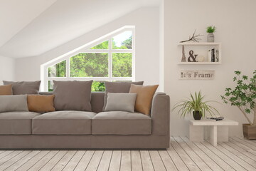 White living room with sofa and summer landscape in window. Scandinavian interior design. 3D illustration