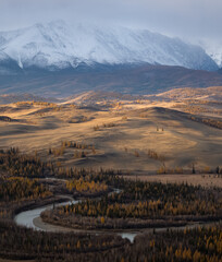 Kurai steppe and Chui ridge in the Altai Mountains in autumn, Russia
